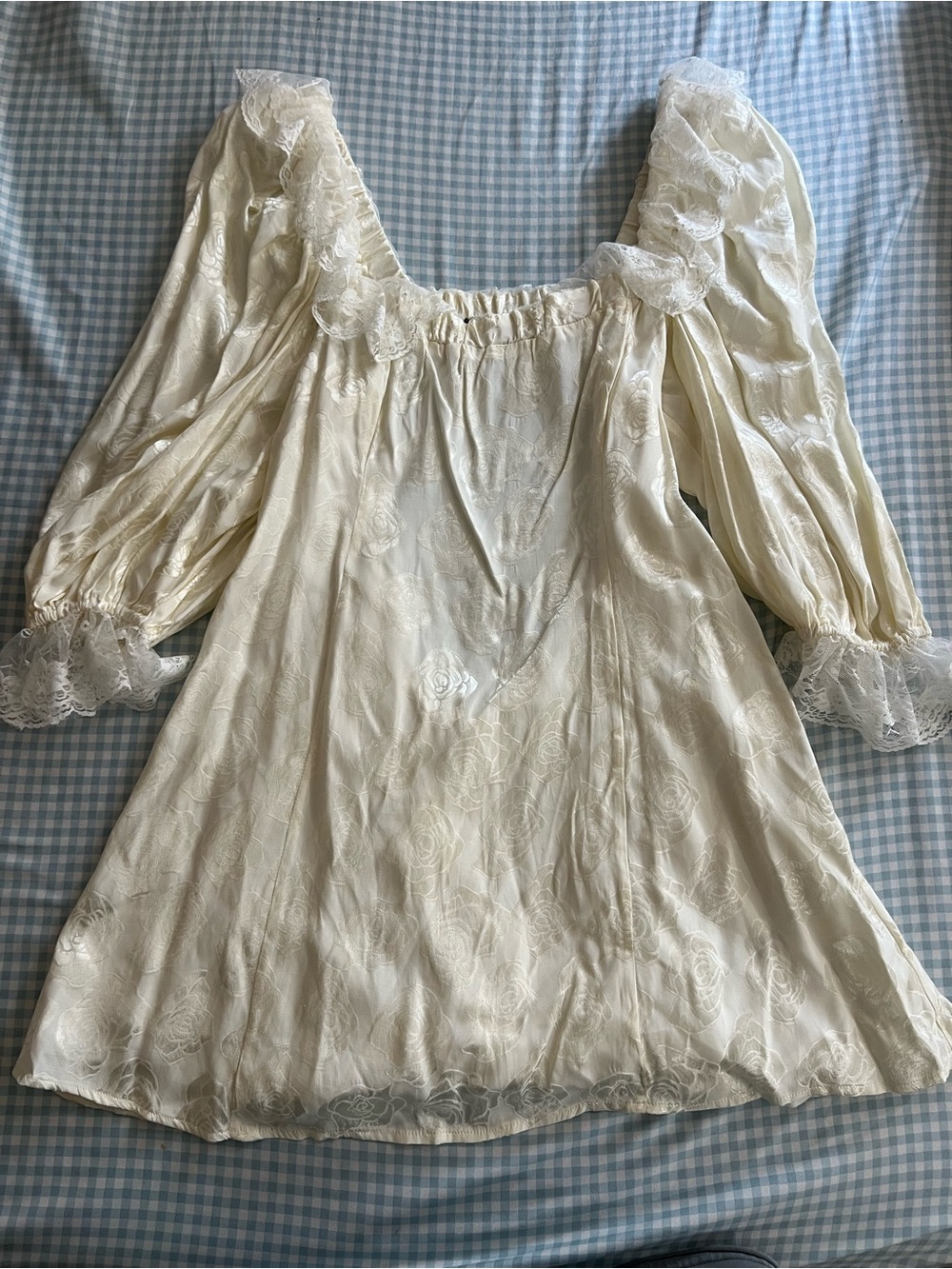 For Love And Lemons Ivory Lace-Trim Puff Sleeve Chemise
